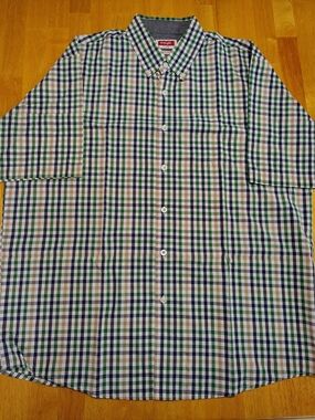 Wrangler Shirt Mens Large L Blue Green Brown Windowpane Long Sleeve Button Down